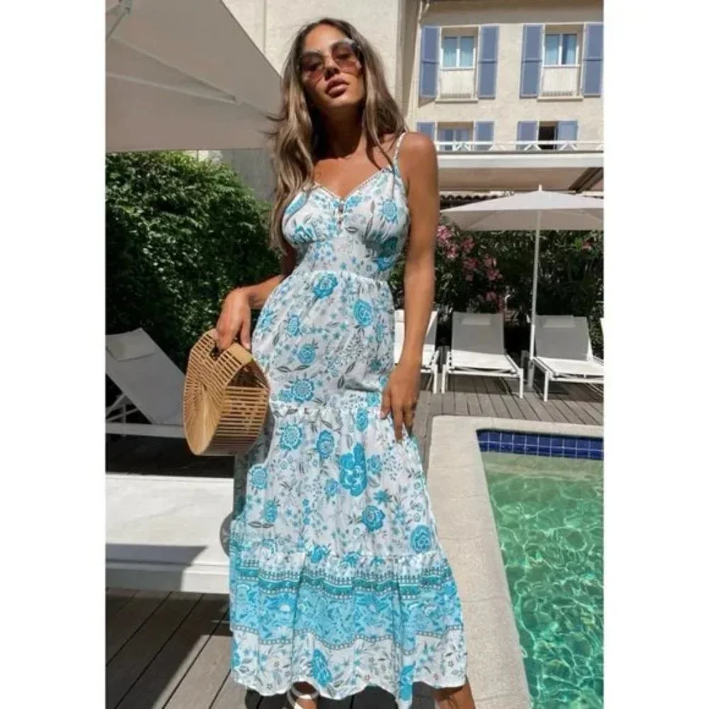 Blue Floral Print V-Neck Open Back Tiered Maxi Dress - Picture 14 of 15